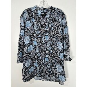 Tahari Linen Blue Black Floral Paisley Roll Sleeve Tunic Top 2X